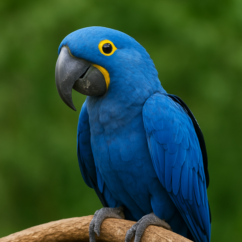 Arara-azul (Anodorhynchus hyacinthinus) fotografada em close no Pantanal, mostrando detalhes realistas das penas azul-intensas e o bico preto curvado, com fundo natural esverdeado.