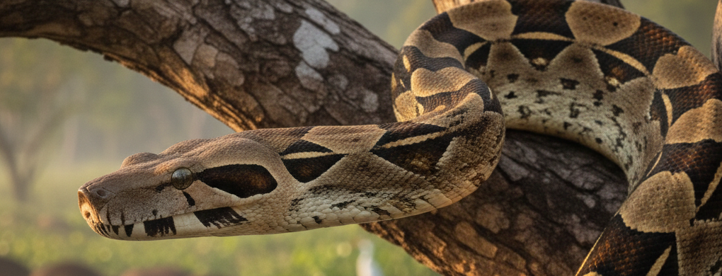 Fotografia em close de uma serpente Jiboia (Boa constrictor) enrolada sobre solo arenoso, exibindo padrões geométricos em tons de marrom, bege e avermelhado.