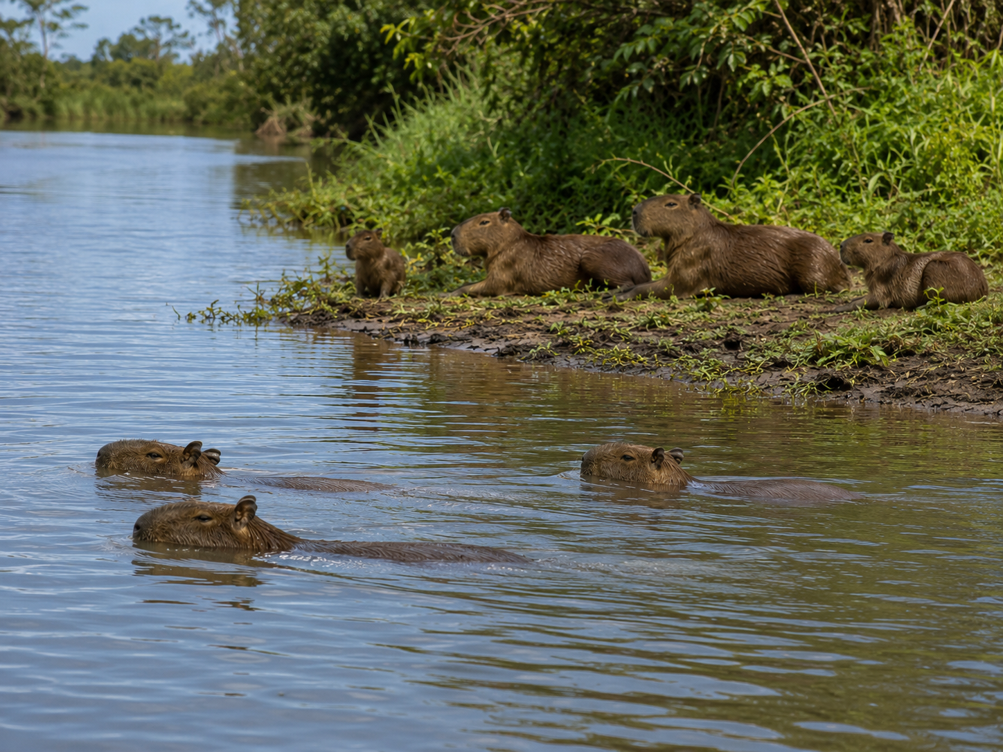 Grupo de capivaras nadando em um rio do Pantanal enquanto outras descansam na margem cercada por vegetação nativa