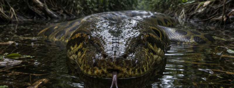 Anaconda gigante de frente emergindo da água na floresta amazônica com escamas detalhadas e olhar intenso