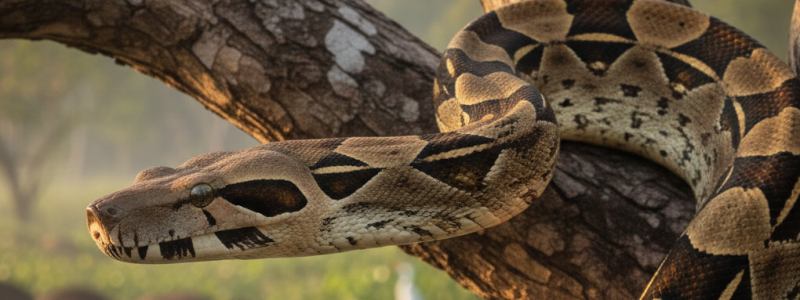 Fotografia em close de uma serpente Jiboia (Boa constrictor) enrolada sobre solo arenoso, exibindo padrões geométricos em tons de marrom, bege e avermelhado.