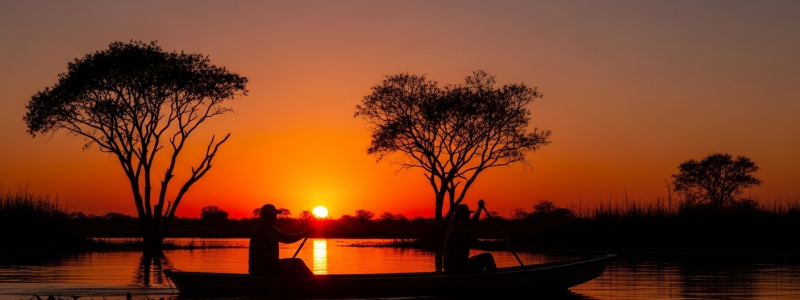 : Silhueta de dois homens em uma canoa remando em um rio calmo durante um pôr do sol alaranjado vibrante, com árvores típicas do Pantanal ao fundo.